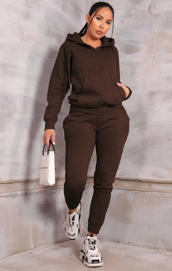 Femme Luxe Chocolate Zip Up Hoodie Cuffed Joggers Loungewear Set - Sibyl