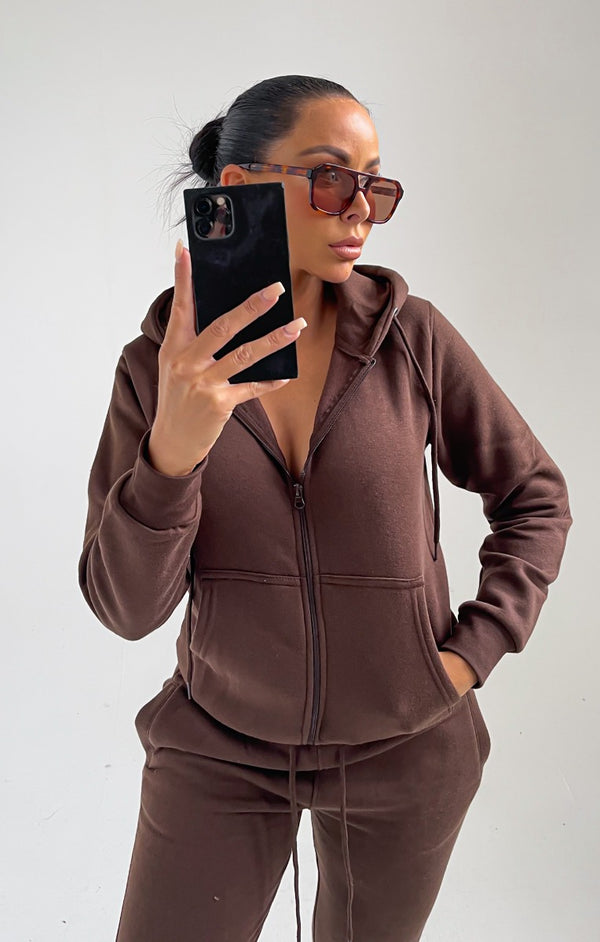 Femme Luxe Chocolate Zip Up Hoodie Cuffed Joggers Loungewear Set - Sibyl
