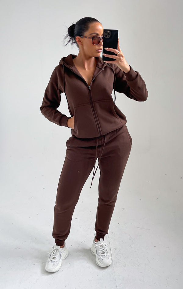 Femme Luxe Chocolate Zip Up Hoodie Cuffed Joggers Loungewear Set - Sibyl