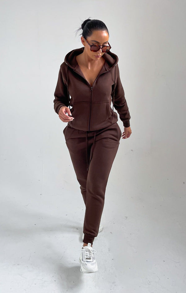 femme luxe Chocolate Zip Up Hoodie Cuffed Joggers Loungewear Set - Sibyl