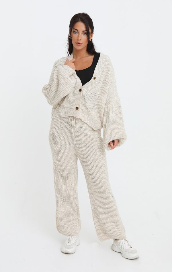 Femme Luxe Cream Button Through Relaxed Fit Knitted Loungewear Set - Olivia