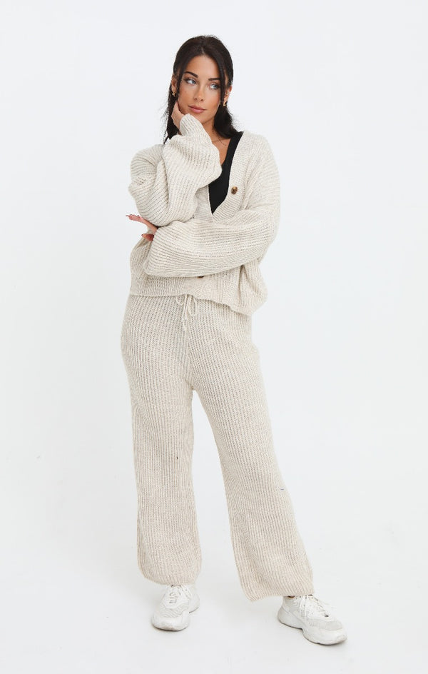 Femme Luxe Cream Button Through Relaxed Fit Knitted Loungewear Set - Olivia