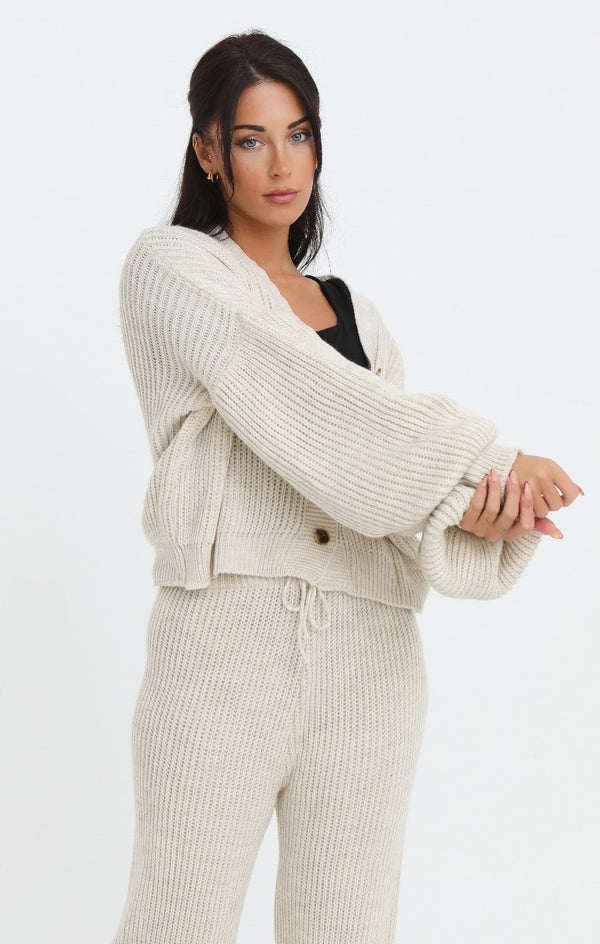 Femme Luxe Cream Button Through Relaxed Fit Knitted Loungewear Set - Olivia