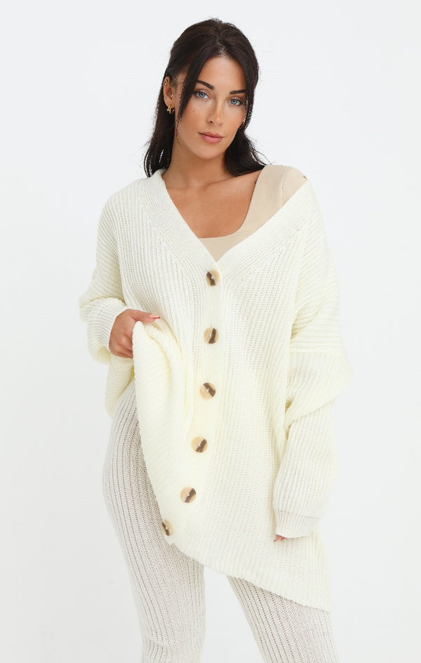 Femme Luxe Cream Button Through Relaxed Fit Knitted Loungewear Set - Isabella