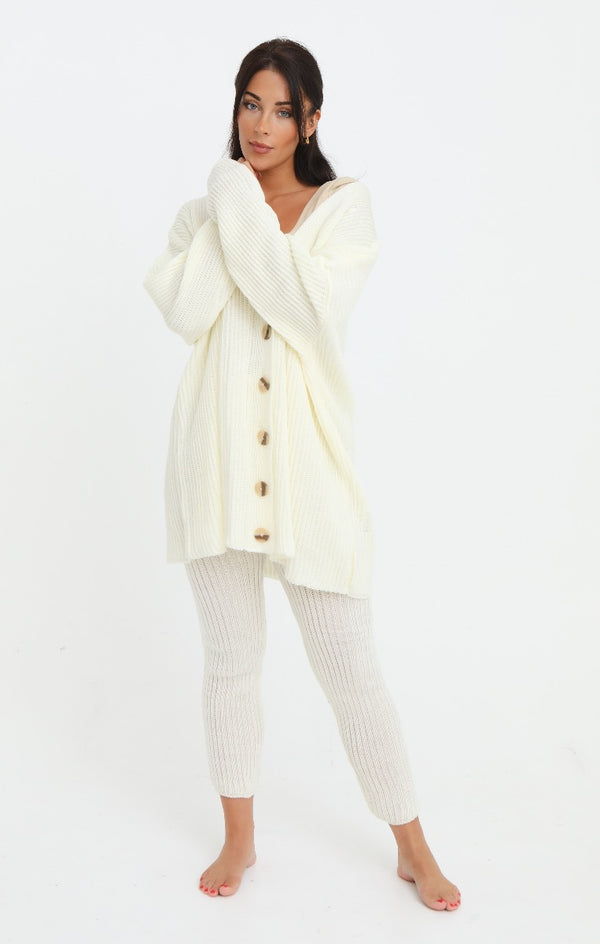 femme luxe Cream Button Through Relaxed Fit Knitted Loungewear Set - Isabella