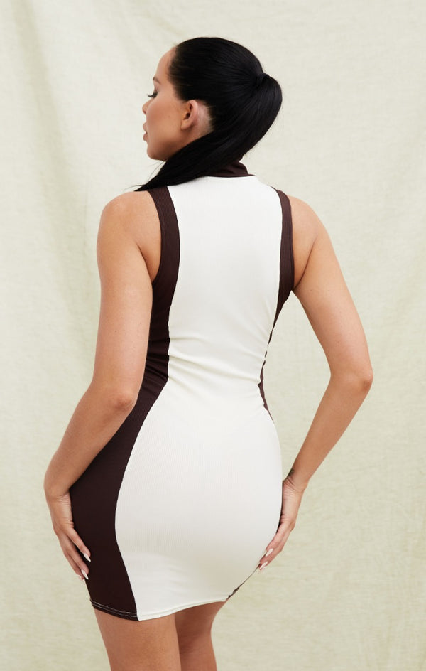Femme Luxe Cream & Chocolate High Neck Lace Up Cut Out Sleeveless Patchwork Bodycon Mini Dress - Thisbe