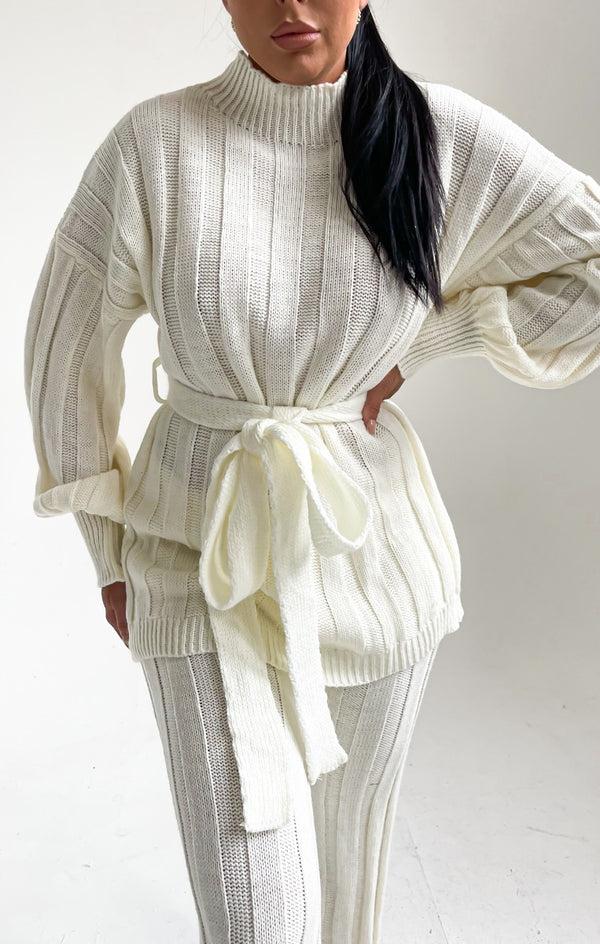 Femme Luxe Cream High Neck Belted Knit Loungewear Set - Alliyah