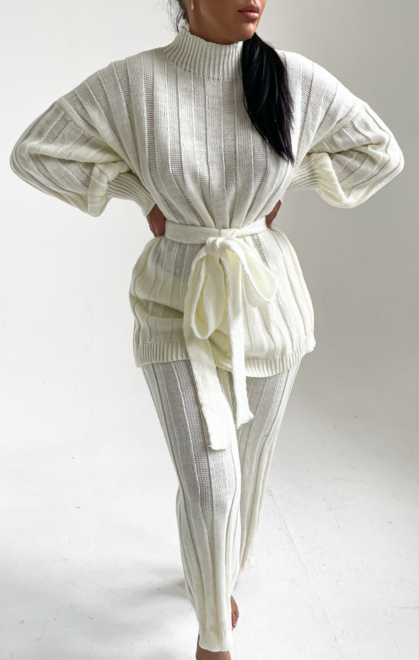 Femme Luxe Cream High Neck Belted Knit Loungewear Set - Alliyah
