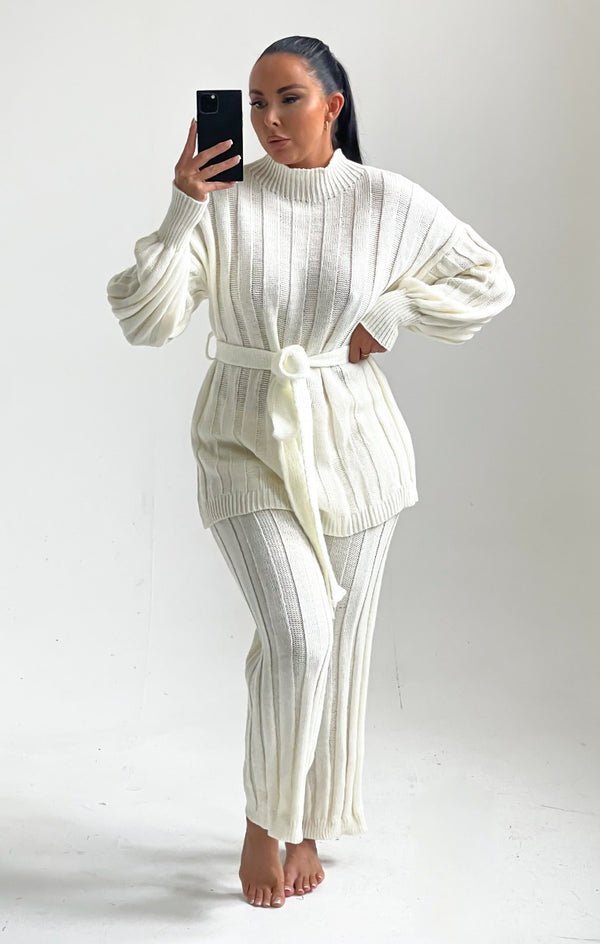femme luxe Cream High Neck Belted Knit Loungewear Set - Alliyah