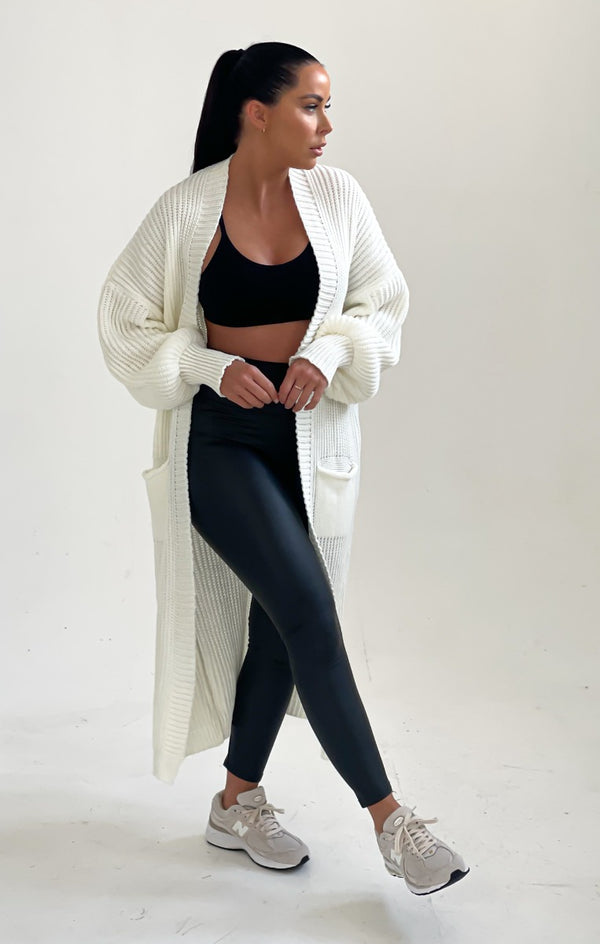 femme luxe Cream Knitted Long Sleeve Pocket Detail Ribbed Cardigan - Leanne