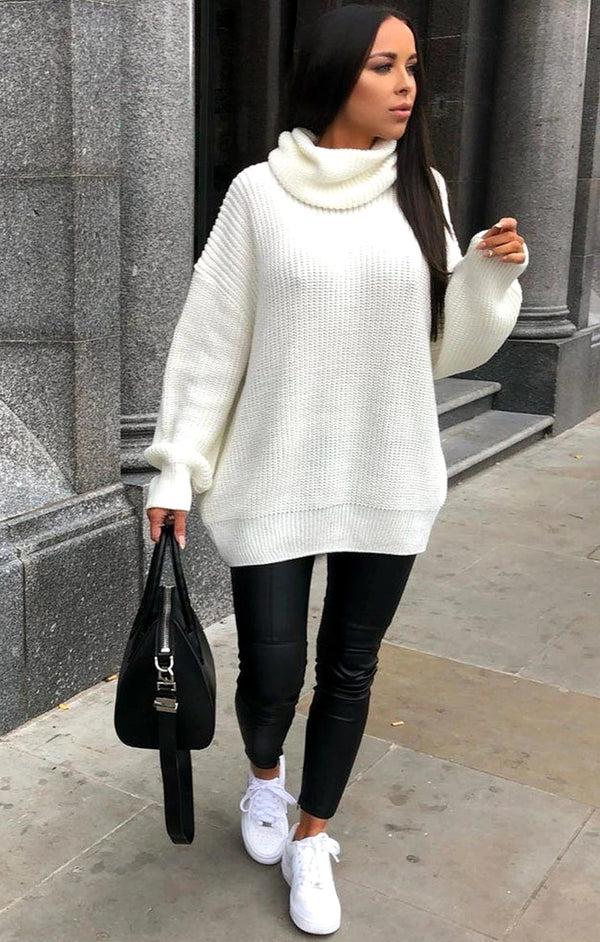 Femme Luxe Cream Knitted Oversized Polo Neck Jumper - Polly
