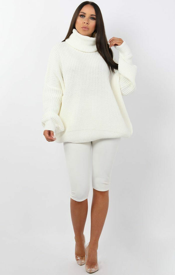Femme Luxe Cream Knitted Oversized Polo Neck Jumper - Polly