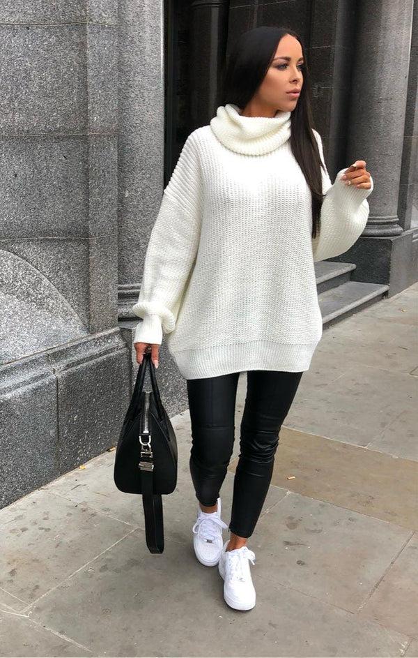 femme luxe Cream Knitted Oversized Polo Neck Jumper - Polly