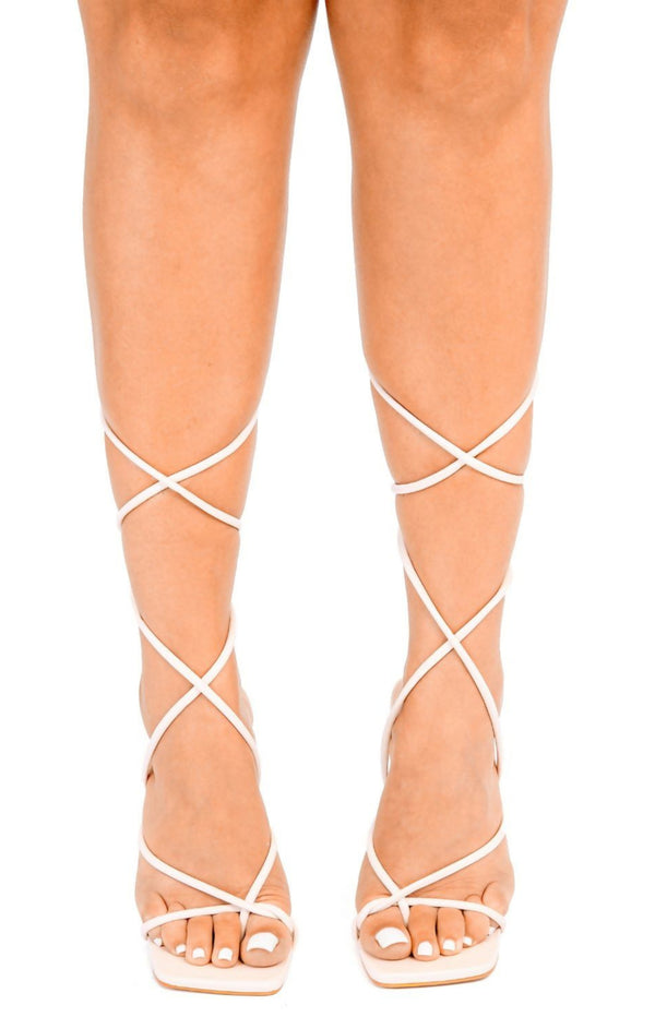 Femme Luxe Cream Lace Up Strappy Stiletto Square Toe Heels - Danira