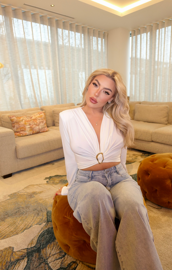 Femme Luxe Cream Long Sleeve Buckle Front Twist Crop Top - Flora