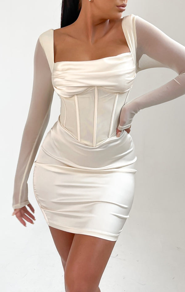 Femme Luxe Cream Long Sleeve Corset Bodycon Mini Dress - Nyasia