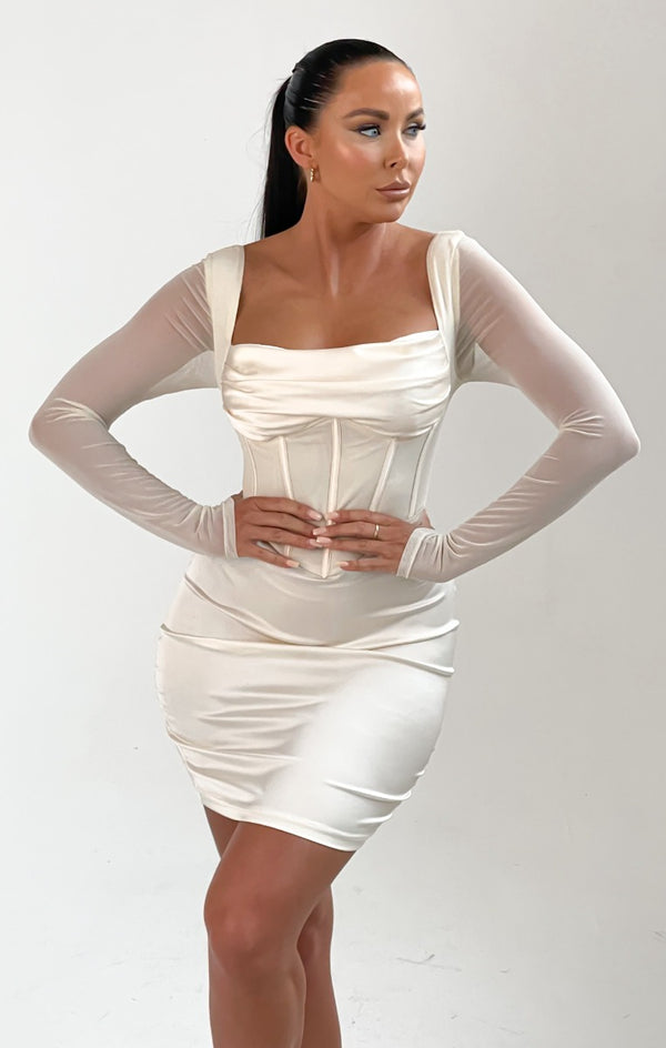 femme luxe Cream Long Sleeve Corset Bodycon Mini Dress - Nyasia