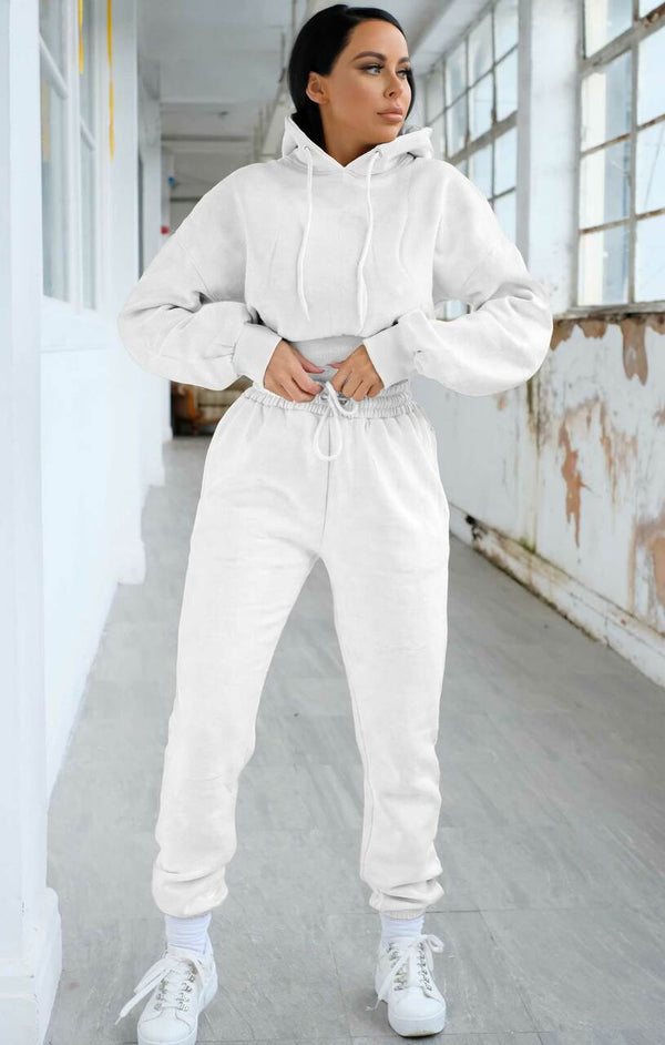 Femme Luxe Cream Long Sleeve Cropped Fleece Hoodie & Cuffed Joggers Loungewear Set - Layla