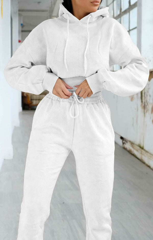 Femme Luxe Cream Long Sleeve Cropped Fleece Hoodie & Cuffed Joggers Loungewear Set - Layla