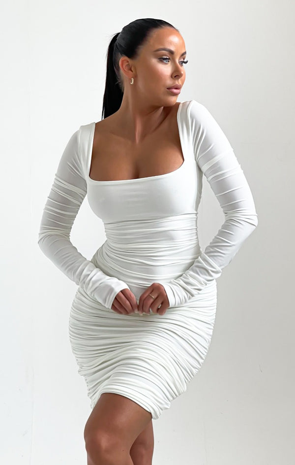 femme luxe Cream Long Sleeve Ruched Square Neck Mini Dress - Alix femme luxe Cream Long Sleeve Ruched Square Neck Mini Dress - Alix