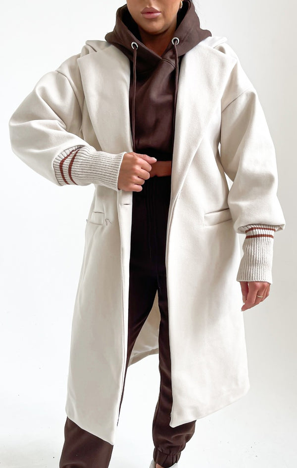 Femme Luxe Cream Longline Cuffed Sleeve Waterfall Coat - Drea