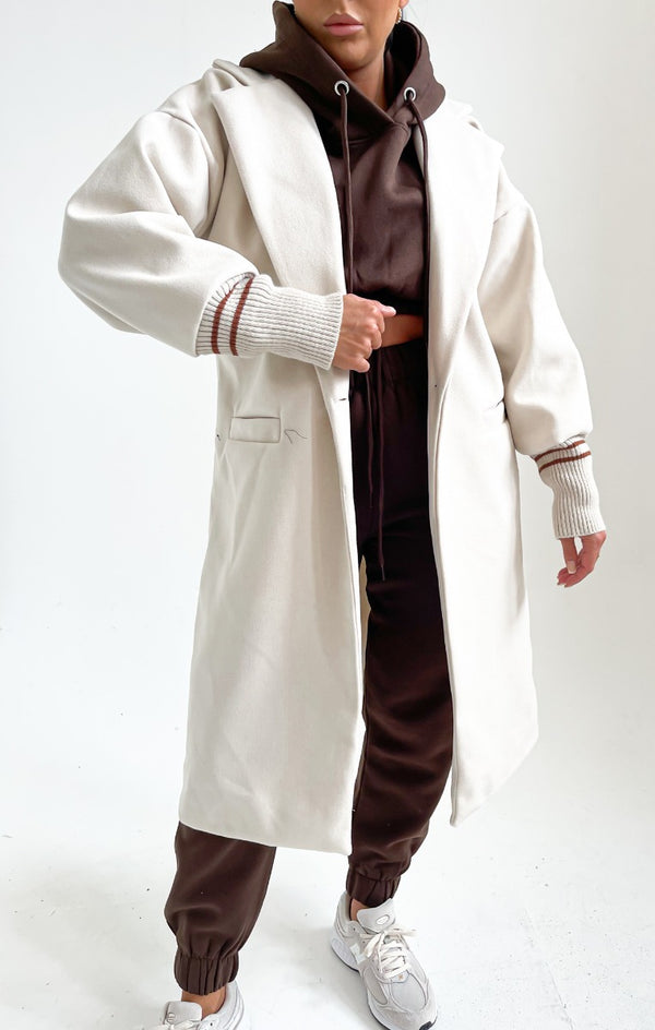 femme luxe Cream Longline Cuffed Sleeve Waterfall Coat - Drea