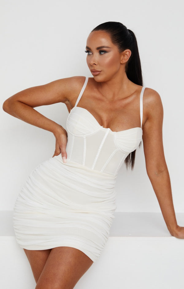 Femme Luxe Cream Mesh Ruched Corset Strappy Bodycon Mini Dress - Penny