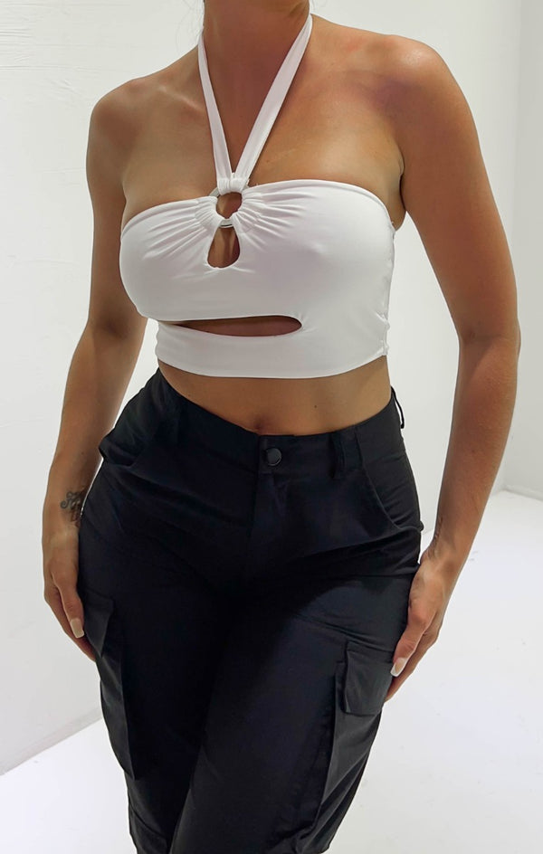 Femme Luxe Cream O Ring Cut Out Halter Neck Crop Top - Genelle