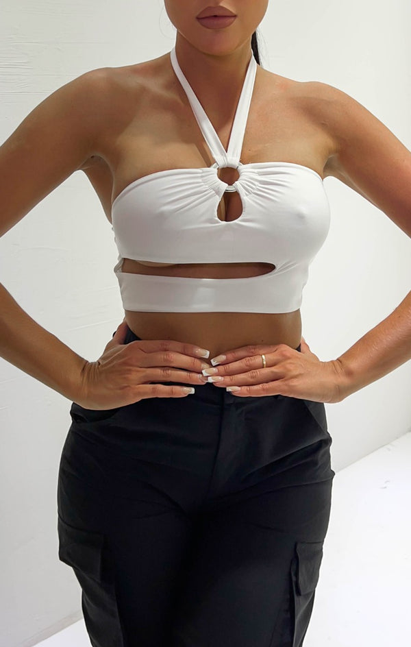 femme luxe Cream O Ring Cut Out Halter Neck Crop Top - Genelle
