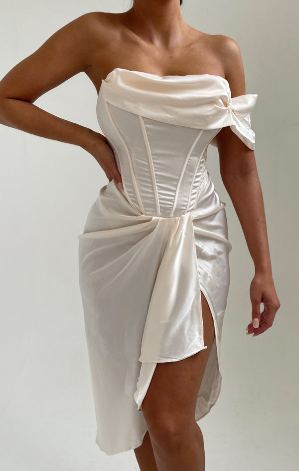 Femme Luxe Cream Off The Shoulder High Split Corset Midi Dress - Brooke