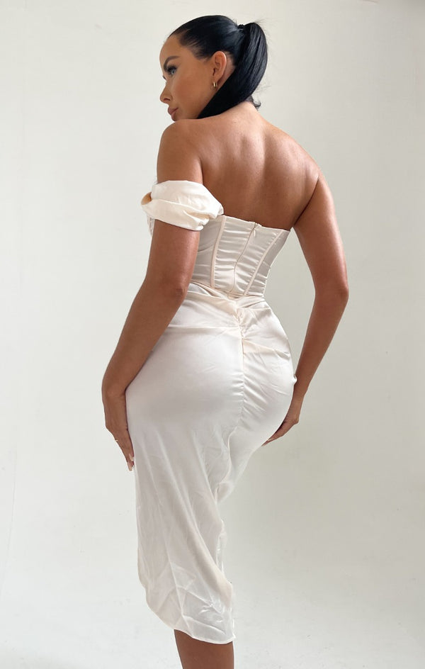 Femme Luxe Cream Off The Shoulder High Split Corset Midi Dress - Brooke
