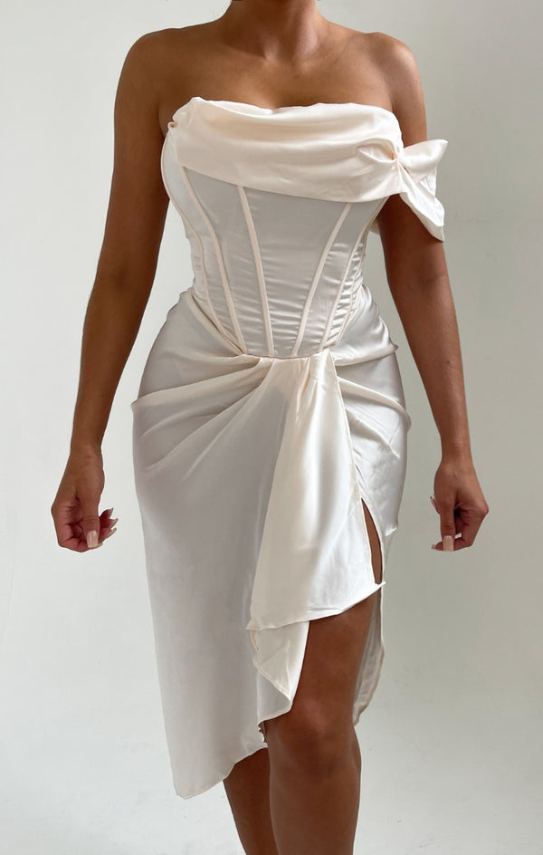 Femme Luxe Cream Off The Shoulder High Split Corset Midi Dress - Brooke