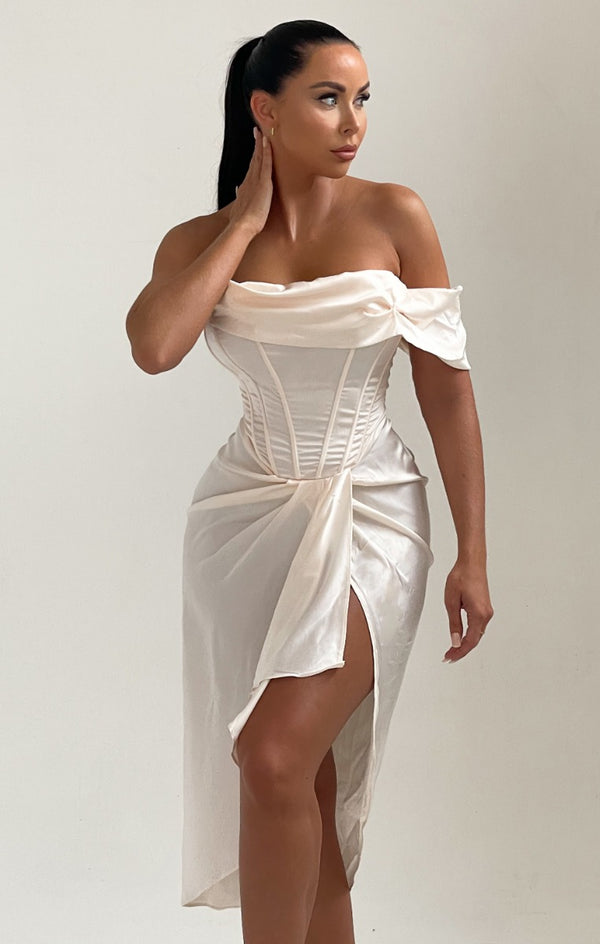 femme luxe Cream Off The Shoulder High Split Corset Midi Dress - Brooke