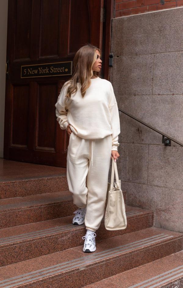 Femme Luxe Cream Oversized Crew Neck Sweatshirt Cuffed Joggers Loungewear Set - Averi