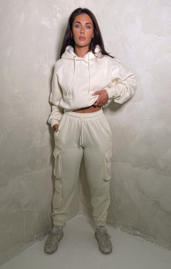 Femme Luxe Cream Oversized Drawstring Crop Hoodie - Oyska