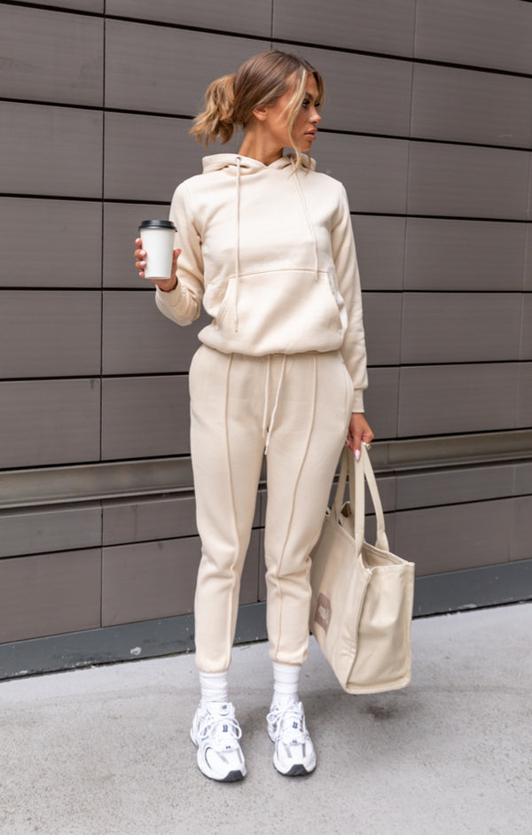 Femme Luxe Cream Oversized Hoodie & High Waisted Seam Front Cuffed Joggers Loungewear Set - Martha