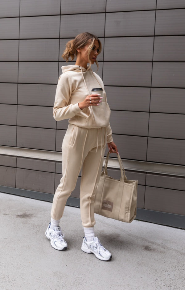 Femme Luxe Cream Oversized Hoodie & High Waisted Seam Front Cuffed Joggers Loungewear Set - Martha
