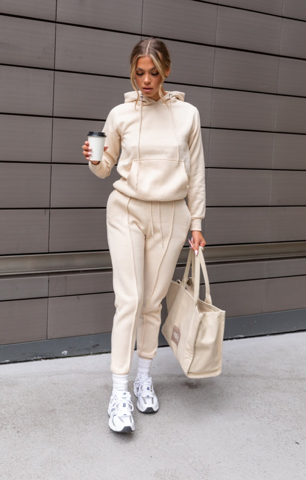 femme luxe Cream Oversized Hoodie & High Waisted Seam Front Cuffed Joggers Loungewear Set - Martha