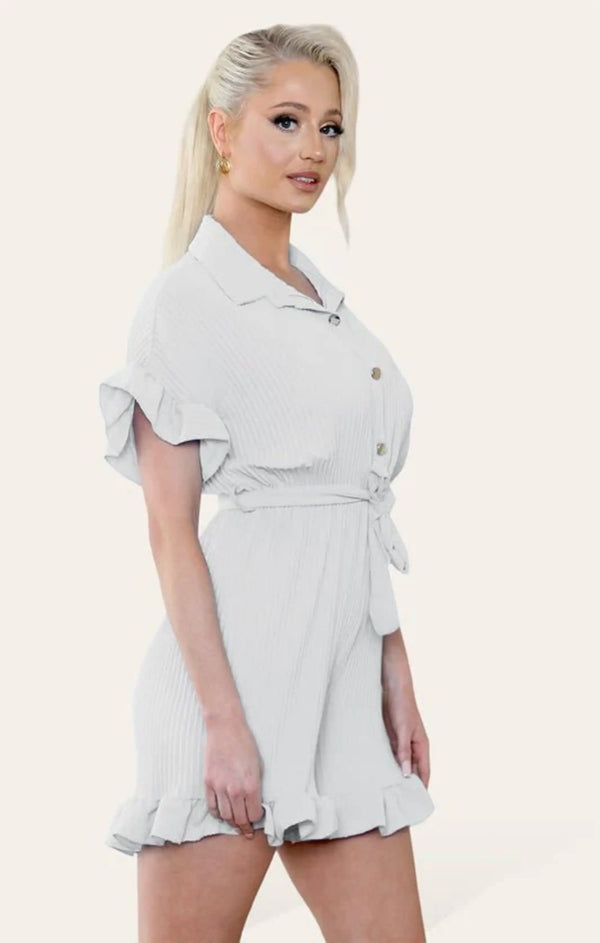 femme luxe Cream Pleated Frill Ruffle Shirt Short Playsuit - Dora