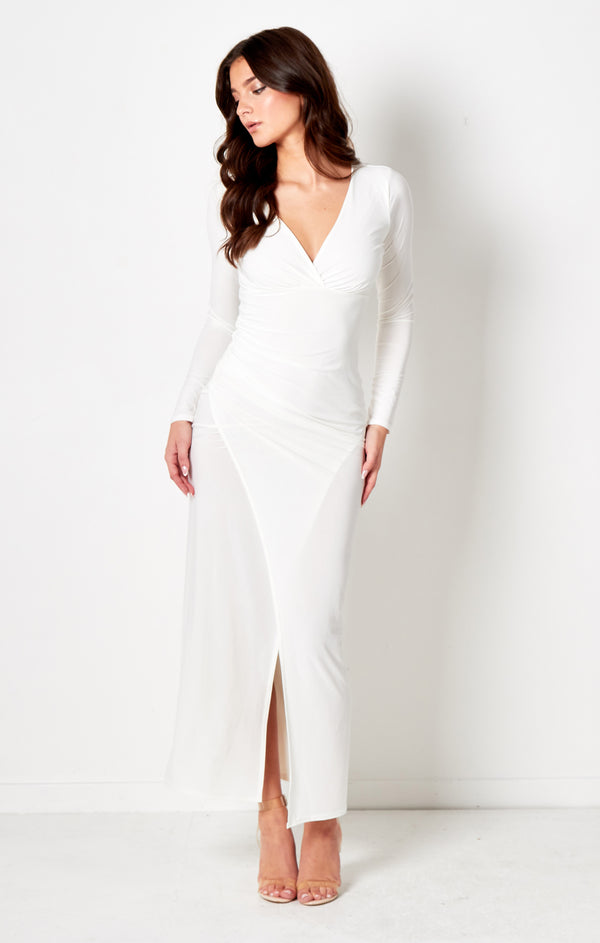 Femme Luxe Cream V Neck Long Sleeve Drape Detail Maxi Dress-Maria