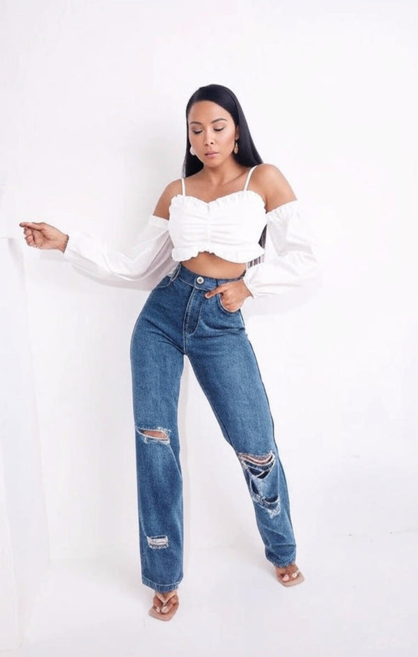 femme luxe Dark Blue Light Wash High Waisted Ripped Knee Baggy Straight Leg Jeans - Phoebe