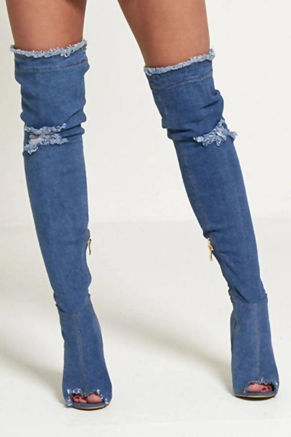 Femme Luxe Dark Denim Ripped Thigh High Boots - Briar