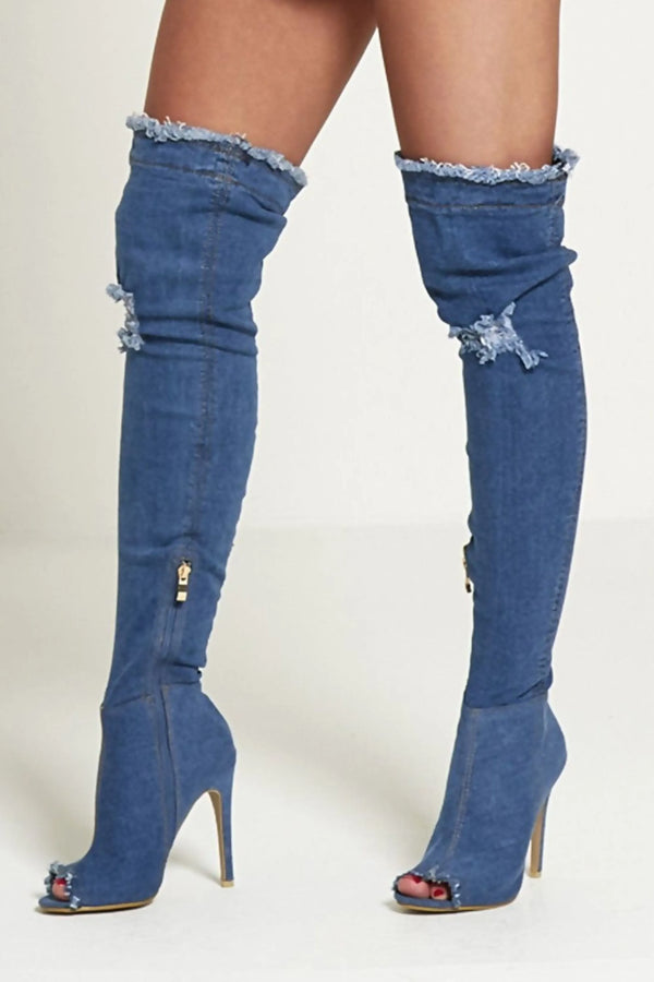 femme luxe Dark Denim Ripped Thigh High Boots - Briar