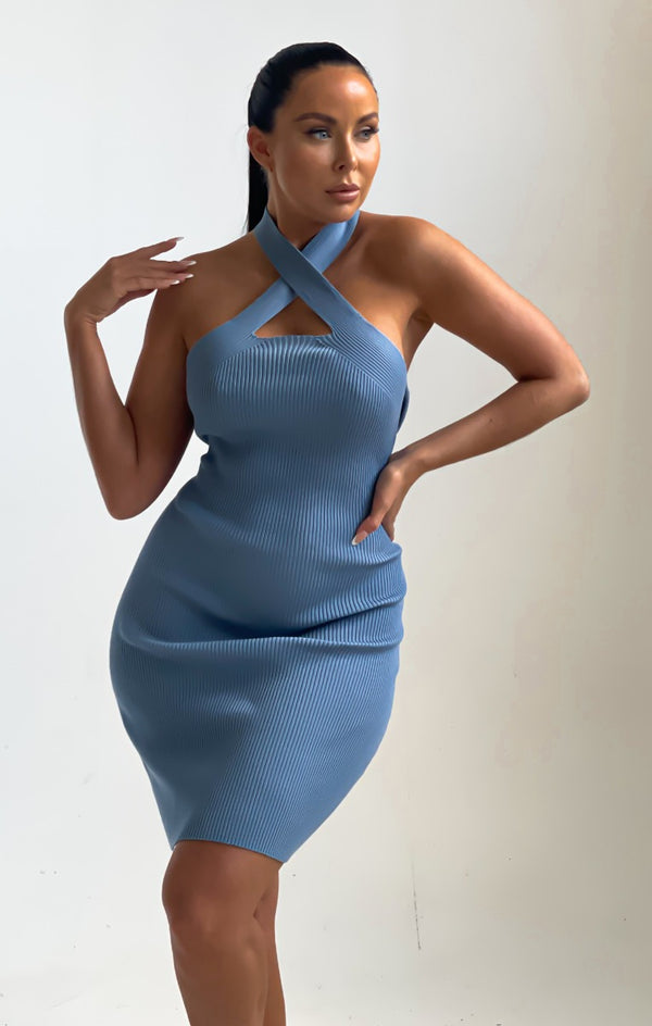 Femme Luxe Dusky Blue Knitted Cut Out Crossover Halter Neck Bodycon Mini Dress - Elena