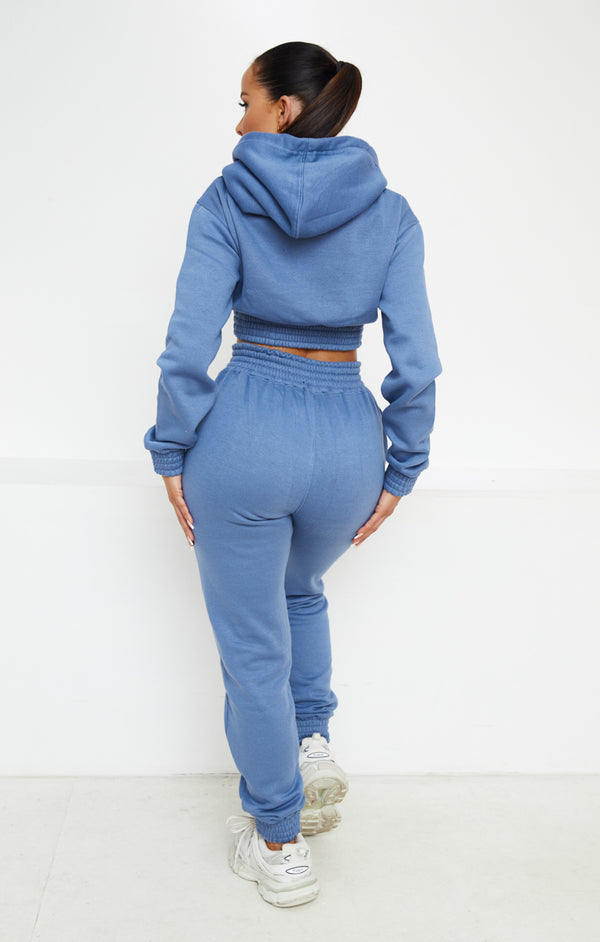 Femme Luxe Dusky Blue Long Sleeve Crop Hoodie High Waisted Joggers Shirred Detail Fleece Loungewear Set - Costella