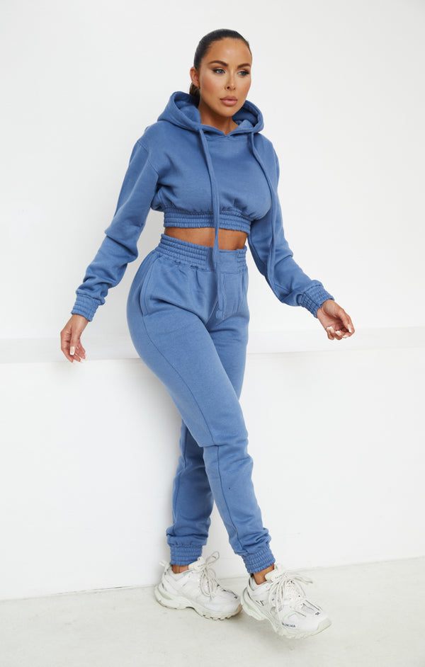 Femme Luxe Dusky Blue Long Sleeve Crop Hoodie High Waisted Joggers Shirred Detail Fleece Loungewear Set - Costella