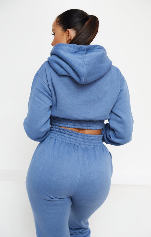 Femme Luxe Dusky Blue Long Sleeve Crop Hoodie High Waisted Joggers Shirred Detail Fleece Loungewear Set - Costella