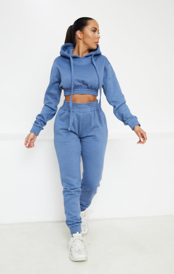 femme luxe Dusky Blue Long Sleeve Crop Hoodie High Waisted Joggers Shirred Detail Fleece Loungewear Set - Costella