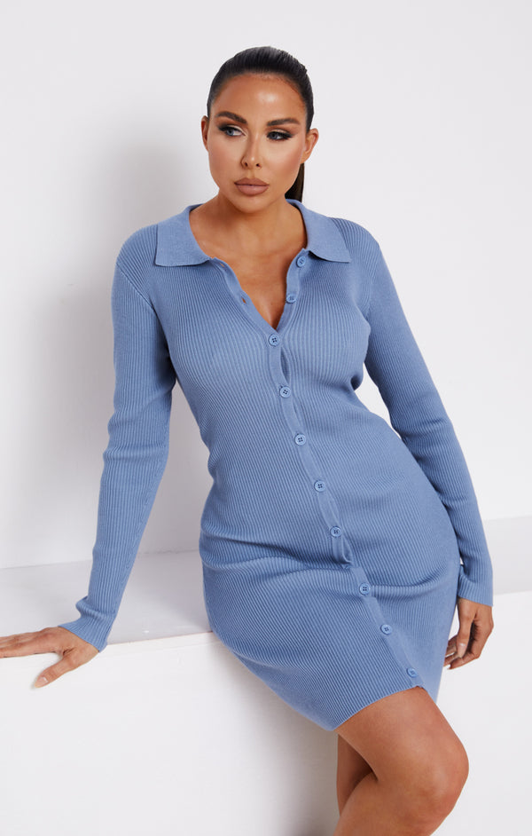 femme luxe Dusky Blue Ribbed Long Sleeve Button Up Bodycon Mini Shirt Dress - Steph