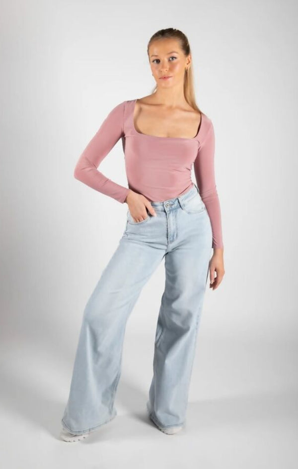 Femme Luxe Dusty Pink Slinky Long Sleeve Square Neck Top - Thalina